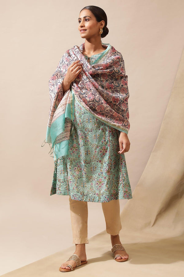 Green Multicolored Hand Block Print Drape