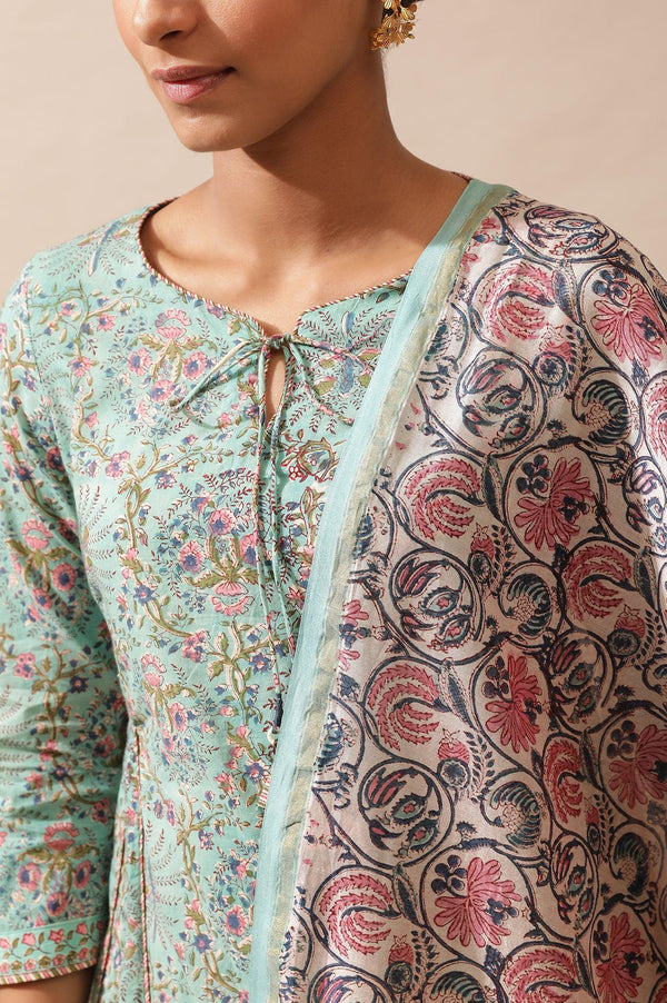 Green Multicolored Hand Block Print Drape