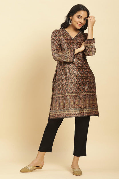 Black Velvet Printed And Embroidered Winter Kurta - wforwoman