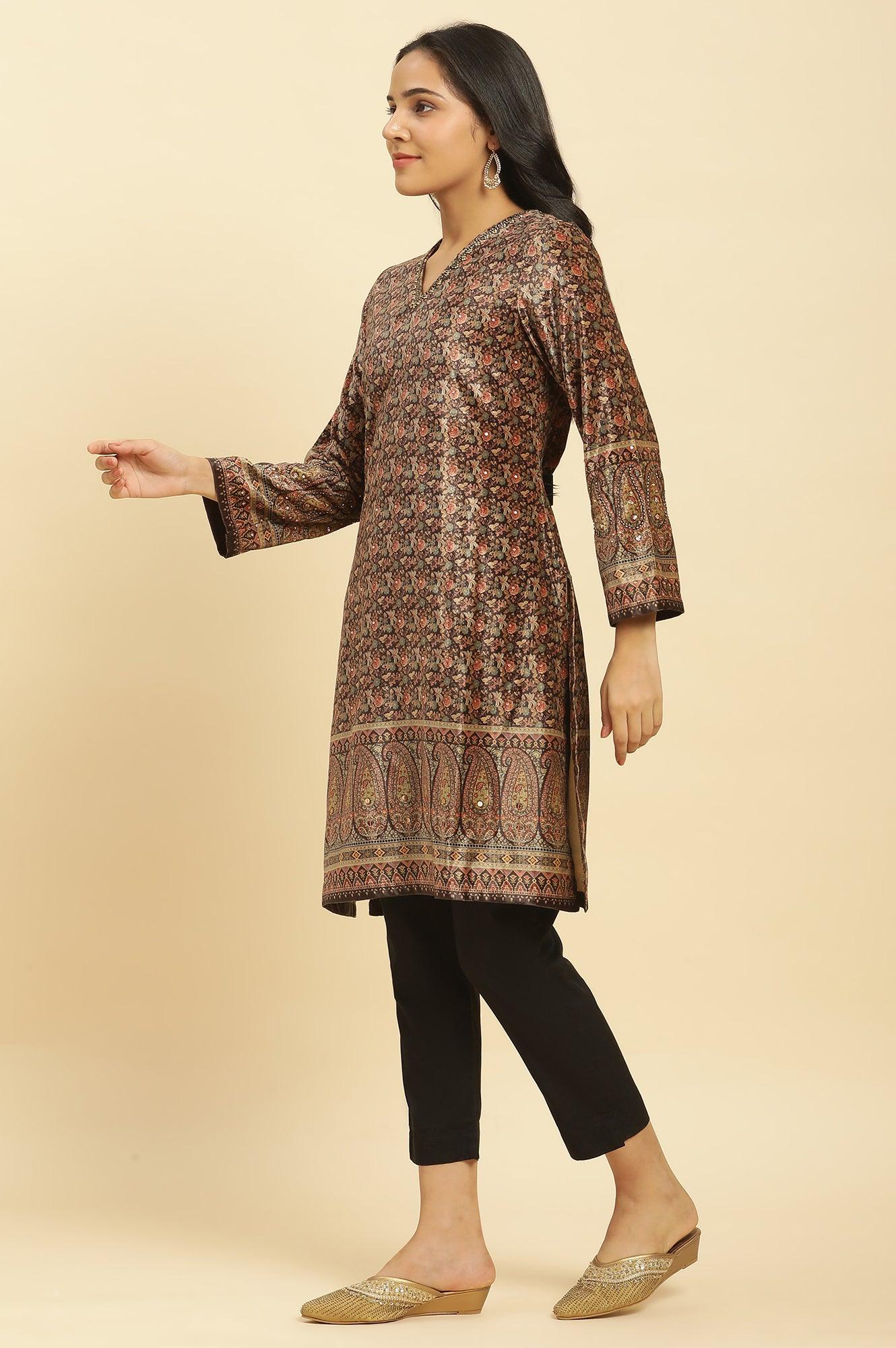 Black Velvet Printed And Embroidered Winter Kurta - wforwoman