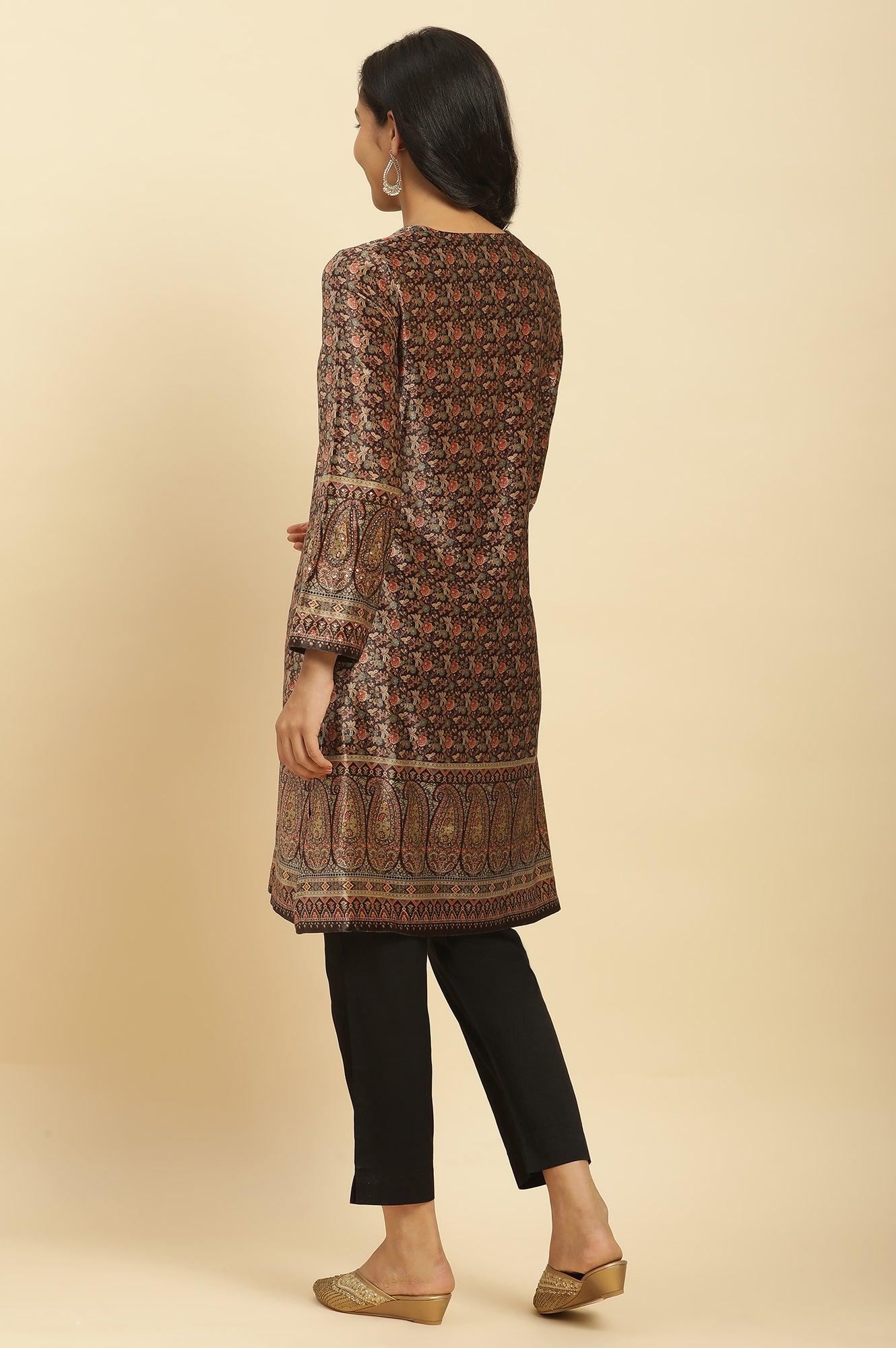 Black Velvet Printed And Embroidered Winter Kurta - wforwoman