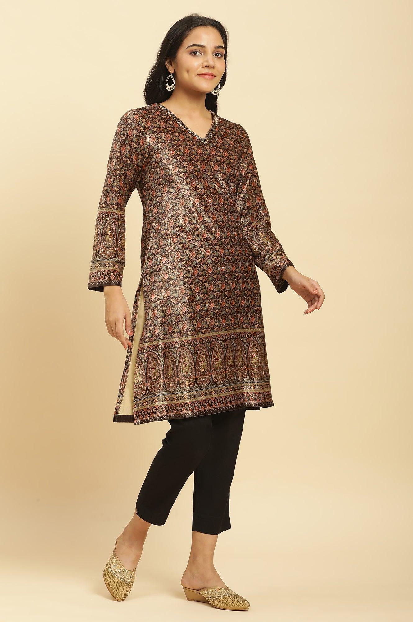 Black Velvet Printed And Embroidered Winter Kurta - wforwoman
