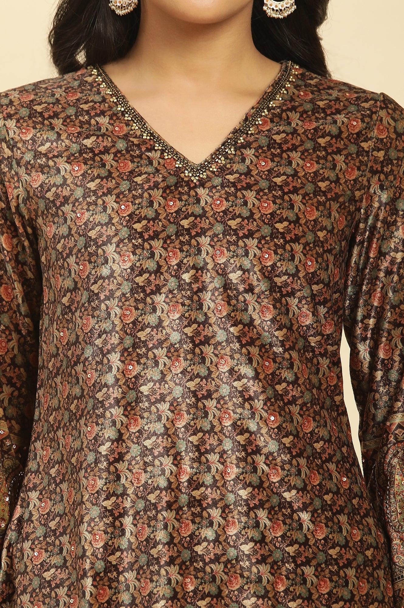 Black Velvet Printed And Embroidered Winter Kurta - wforwoman