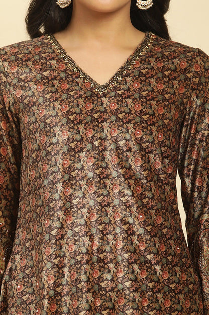 Black Velvet Printed And Embroidered Winter Kurta - wforwoman