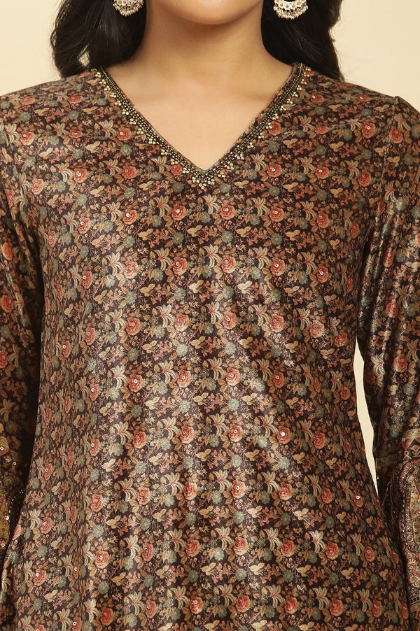 Black Velvet Printed And Embroidered Winter Kurta