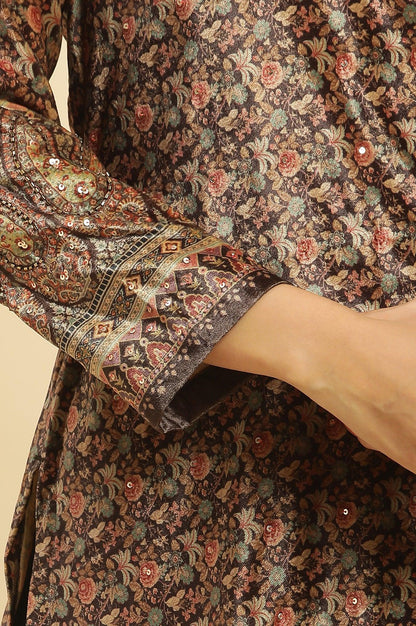 Black Velvet Printed And Embroidered Winter Kurta - wforwoman