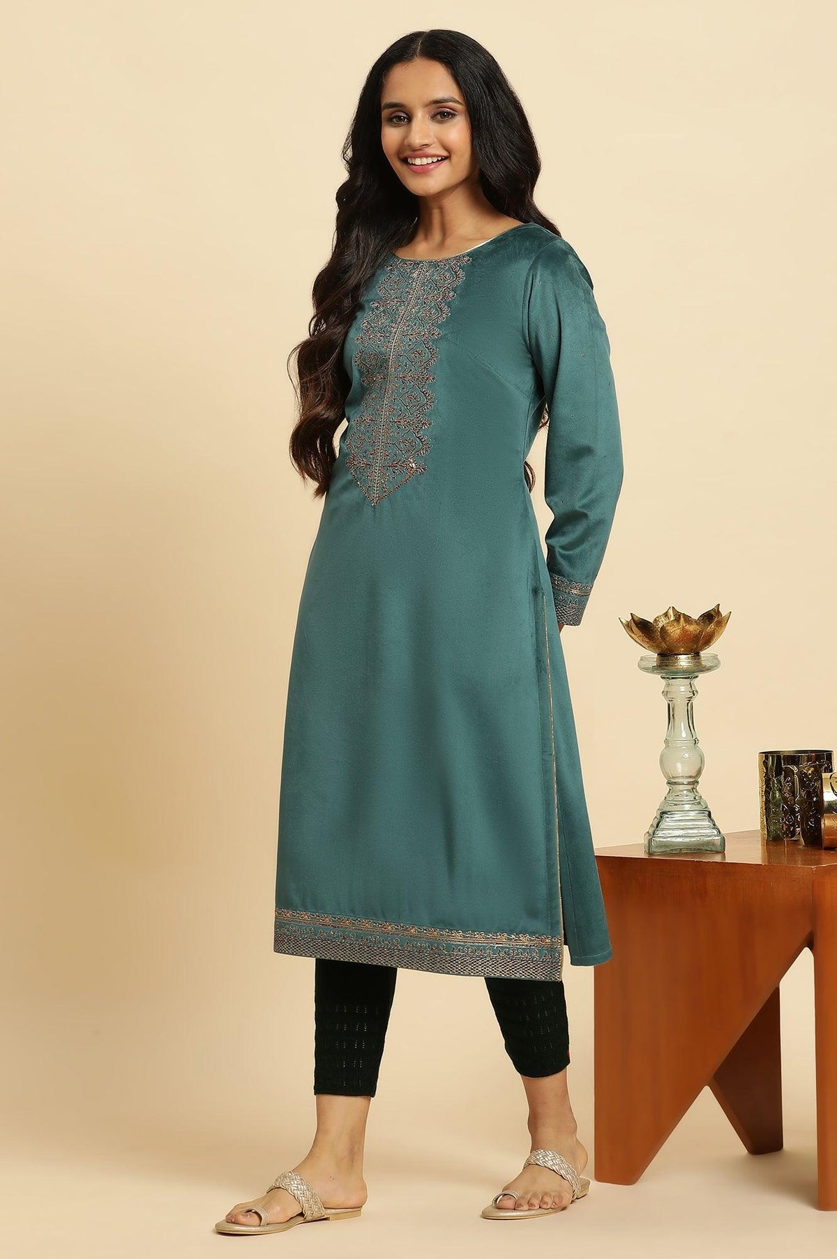 Teal Green Velvet Embroidered Festive Winter Kurta - XS