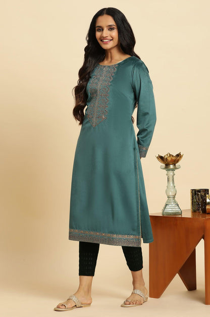 Teal Green Velvet Embroidered Festive Winter Kurta - wforwoman