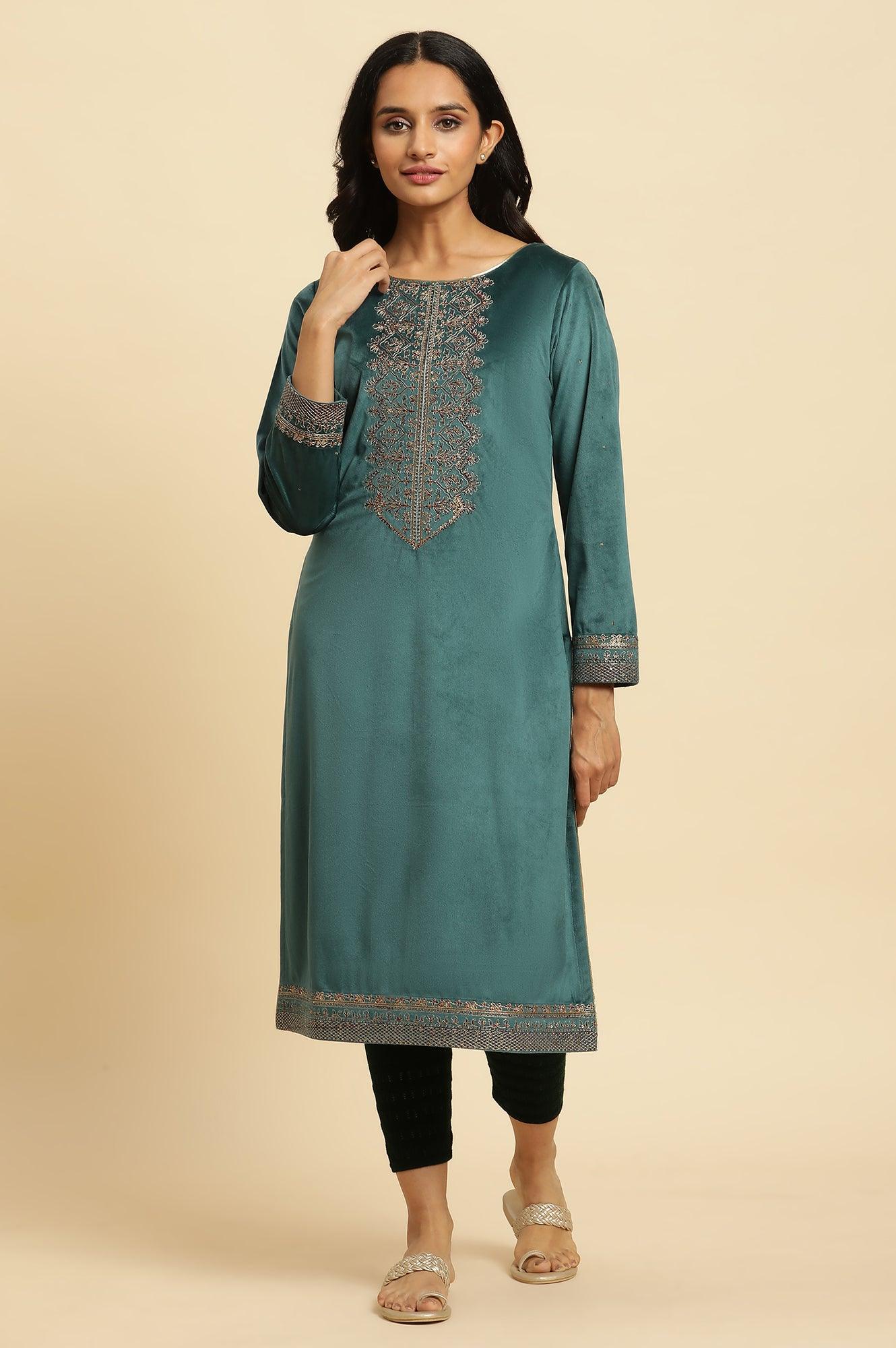 Teal Green Velvet Embroidered Festive Winter Kurta - wforwoman