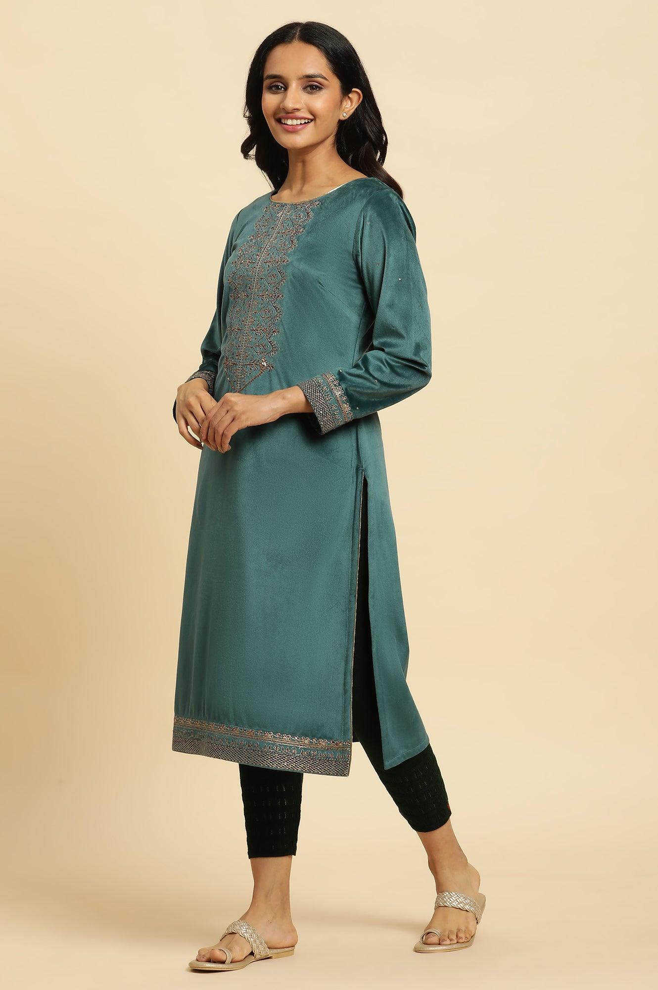 Teal Green Velvet Embroidered Festive Winter Kurta - wforwoman