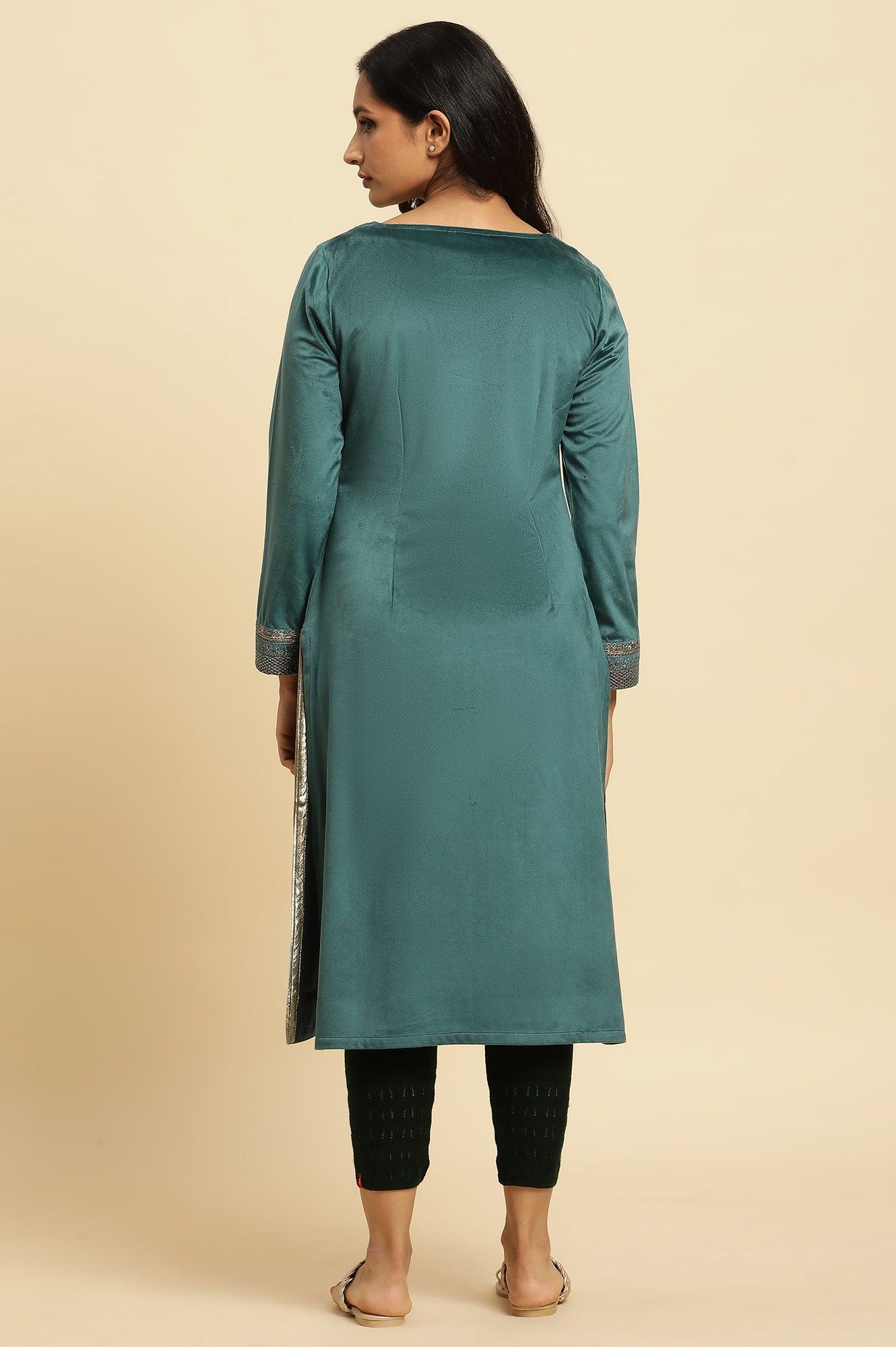 Teal Green Velvet Embroidered Festive Winter Kurta - wforwoman