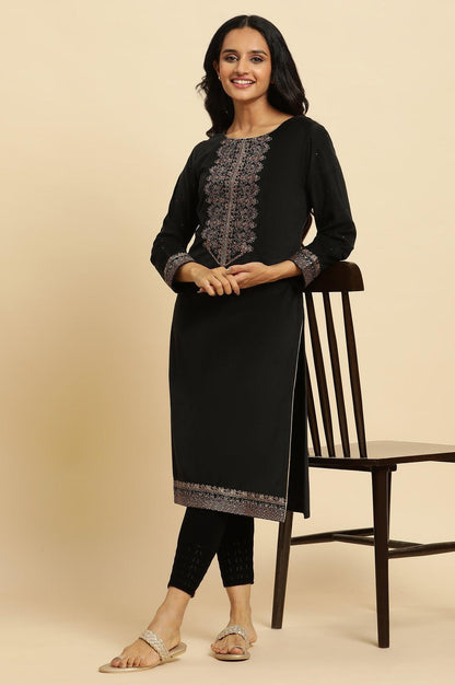 Black Velvet Embroidered Festive Winter Kurta - wforwoman