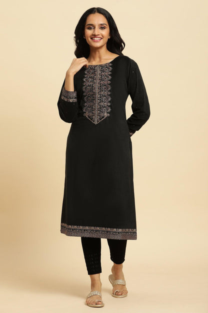 Black Velvet Embroidered Festive Winter Kurta - wforwoman