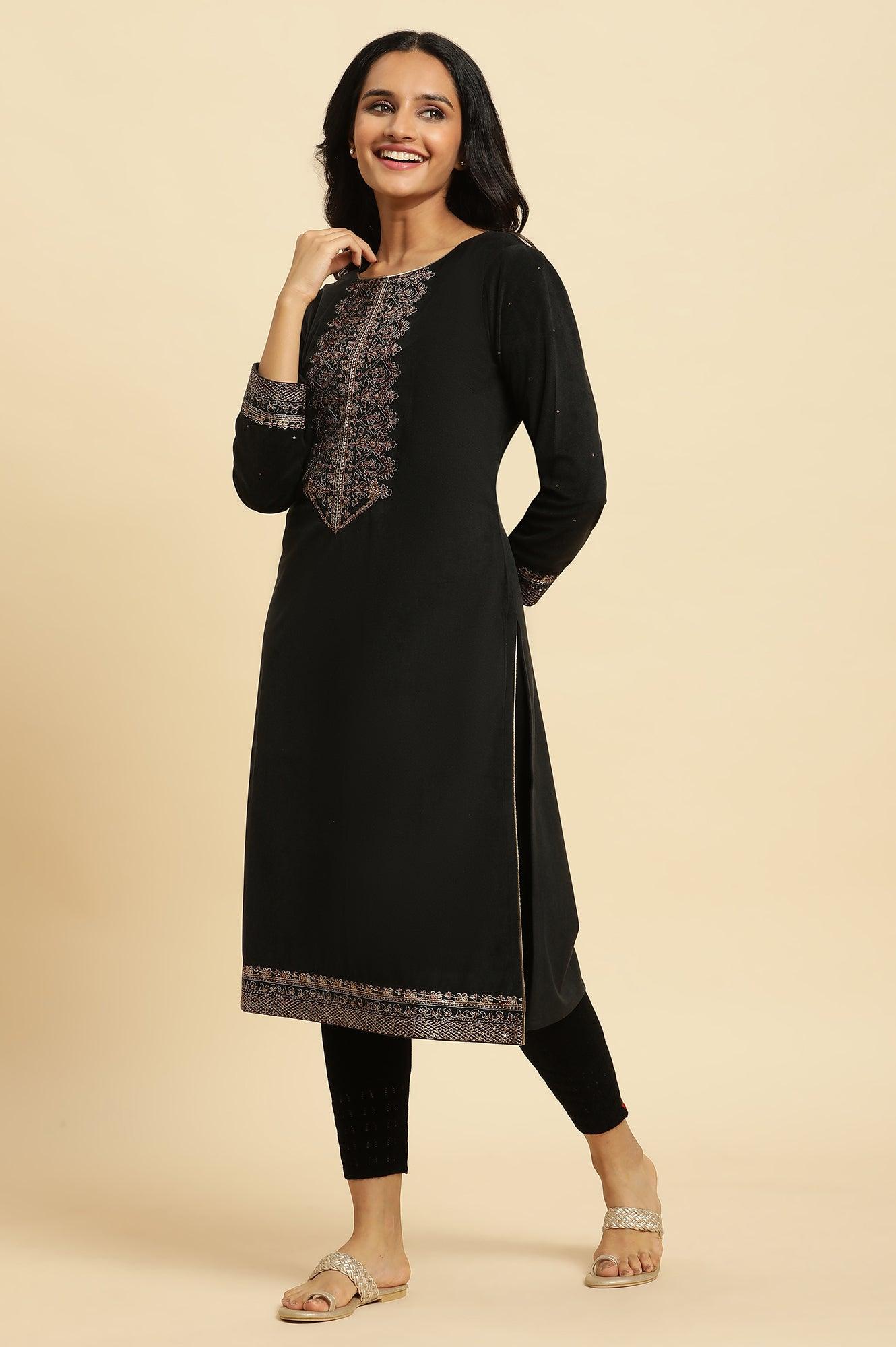 Black Velvet Embroidered Festive Winter Kurta - wforwoman