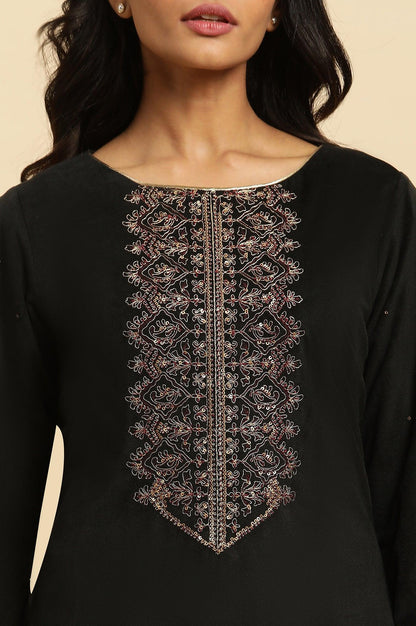 Black Velvet Embroidered Festive Winter Kurta - wforwoman