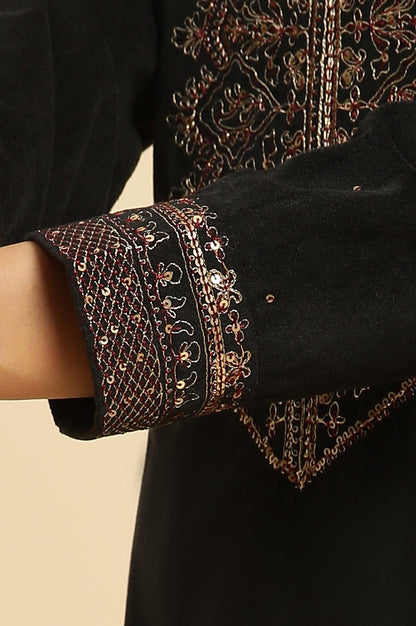 Black Velvet Embroidered Festive Winter Kurta - wforwoman