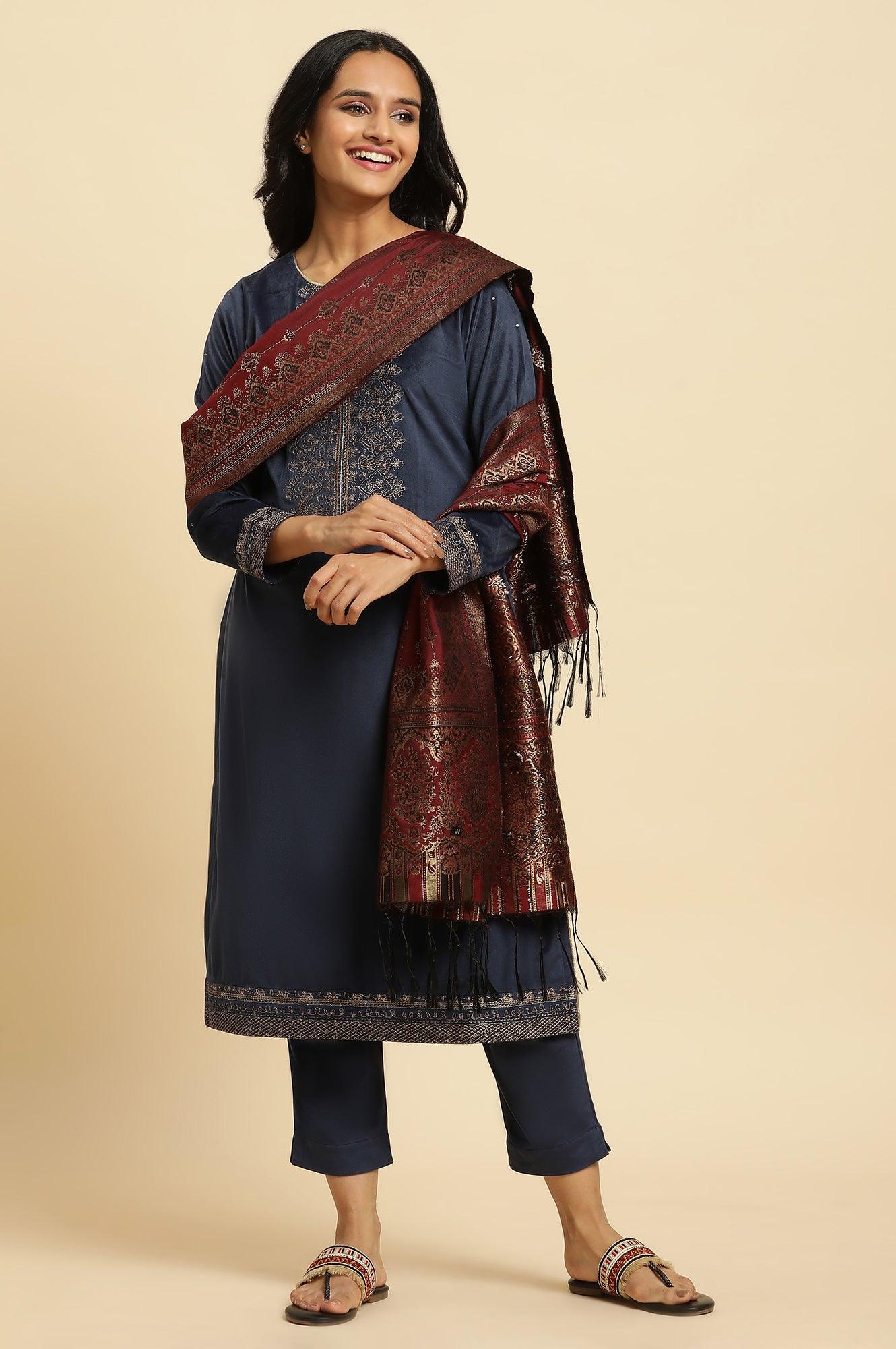 Blue Velvet Embroidered Kurta, Pants And Jacquard Dupatta Set - wforwoman
