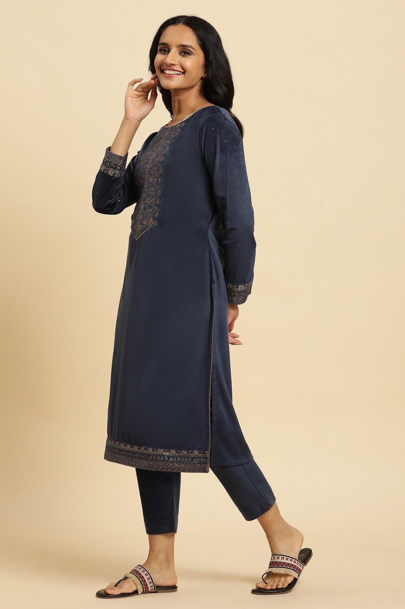 Blue Velvet Embroidered Kurta, Pants And Jacquard Dupatta Set - wforwoman