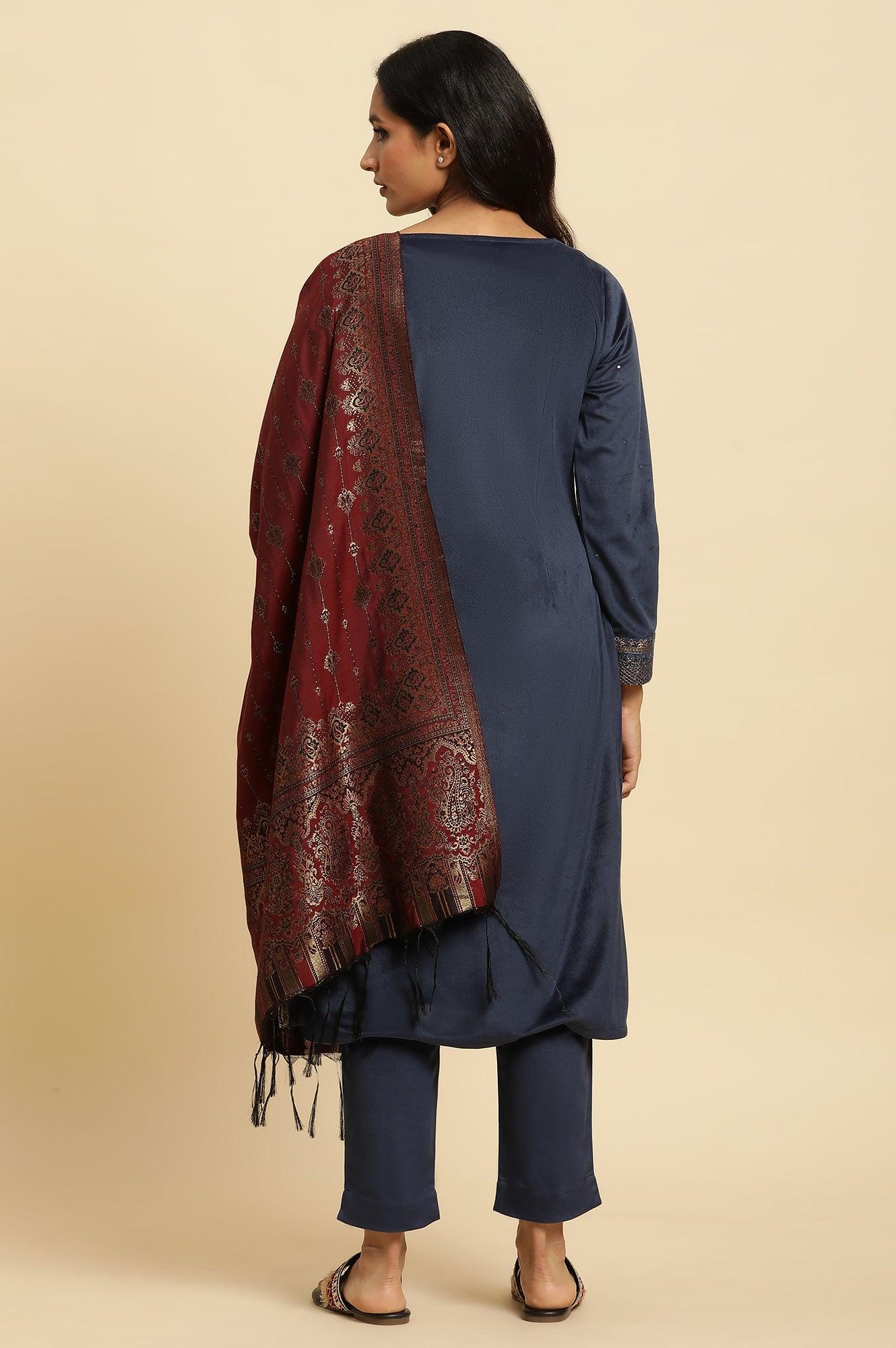 Blue Velvet Embroidered Kurta, Pants And Jacquard Dupatta Set - wforwoman