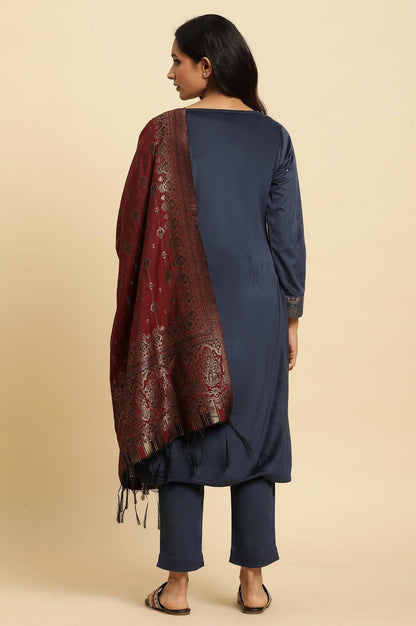 Blue Velvet Embroidered Kurta, Pants And Jacquard Dupatta Set - wforwoman
