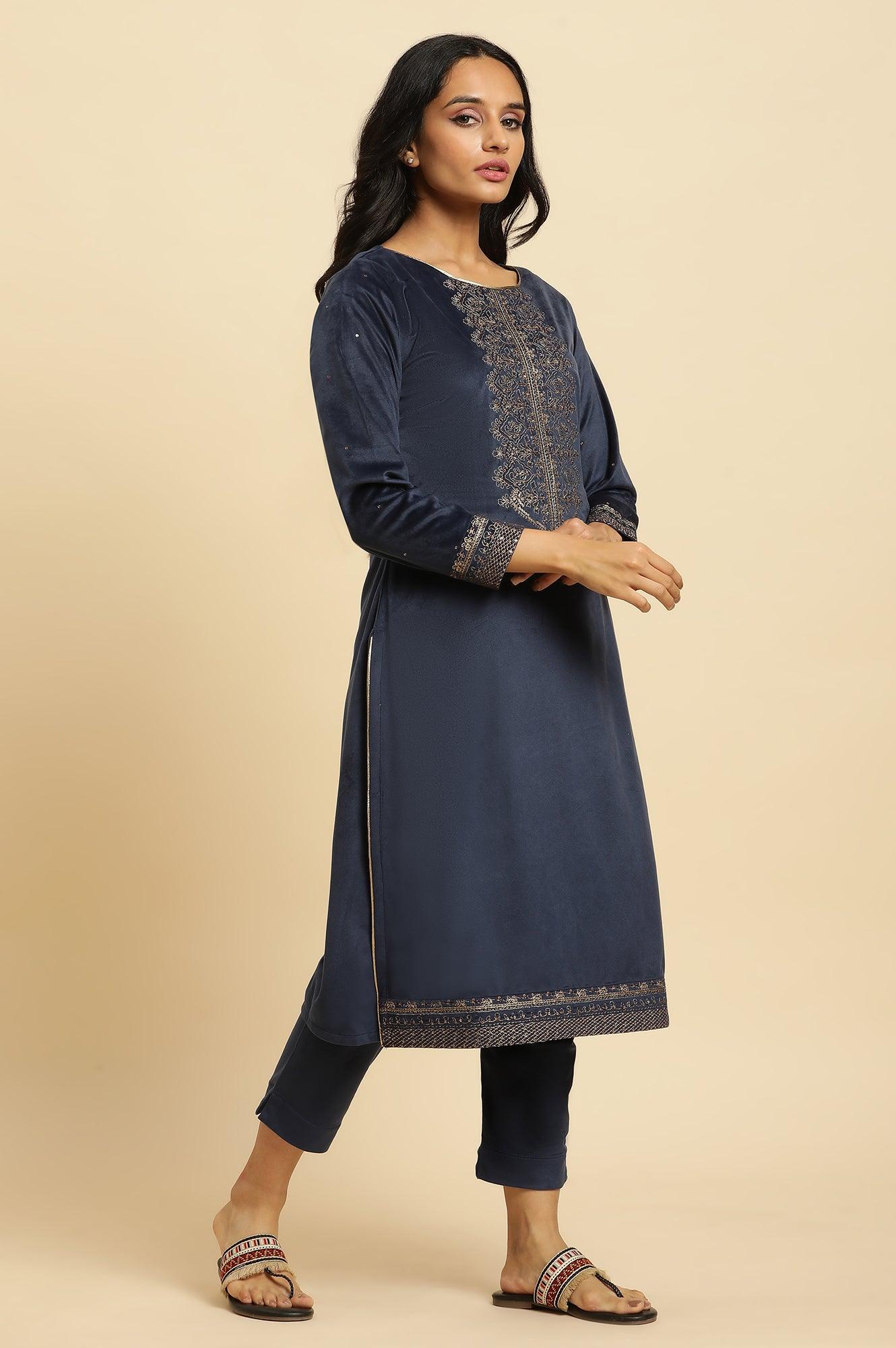 Blue Velvet Embroidered Kurta, Pants And Jacquard Dupatta Set - wforwoman