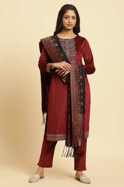 Maroon Velvet Embroidered Kurta, Pants And Jacquard Dupatta Set - wforwoman