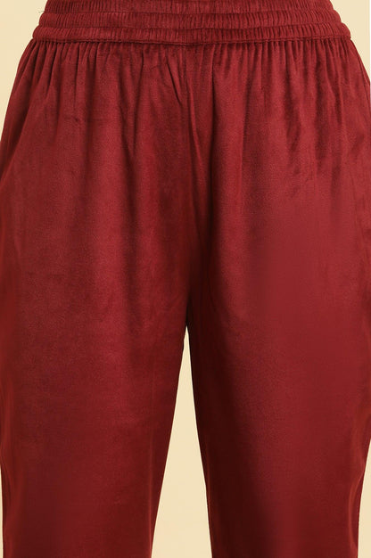 Maroon Velvet Embroidered Kurta, Pants And Jacquard Dupatta Set - wforwoman