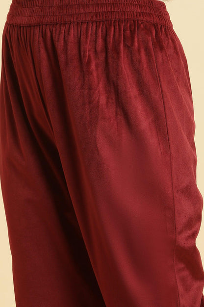 Maroon Velvet Embroidered Kurta, Pants And Jacquard Dupatta Set - wforwoman