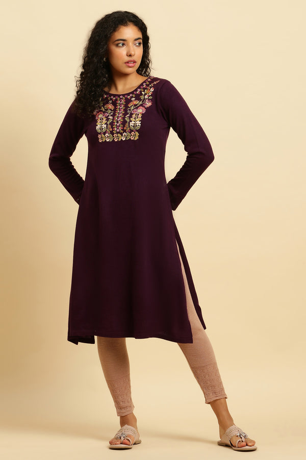 Purple Floral Embroidered Winter Kurta