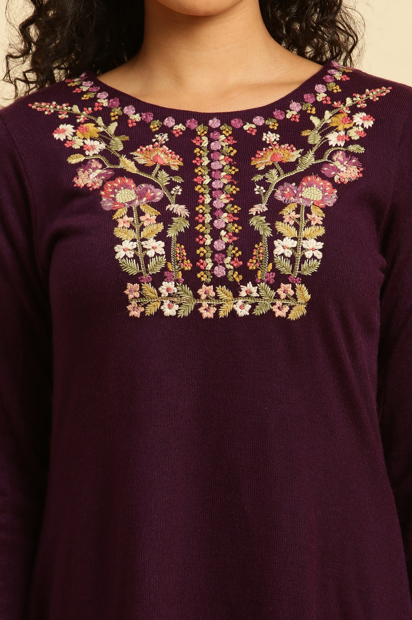 Purple Floral Embroidered Winter Kurta