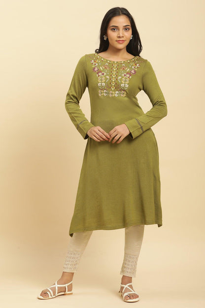 Olive Green Embroidered Acrylic Winter Kurta - wforwoman