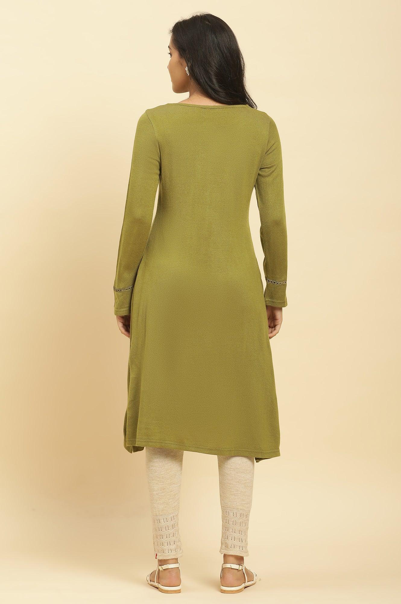 Buy Olive Green Embroidered Acrylic Winter Kurta Online for Woman | WforWoman Buy Olive Green Embroidered Acrylic Winter Kurta Online for Woman | WforWoman