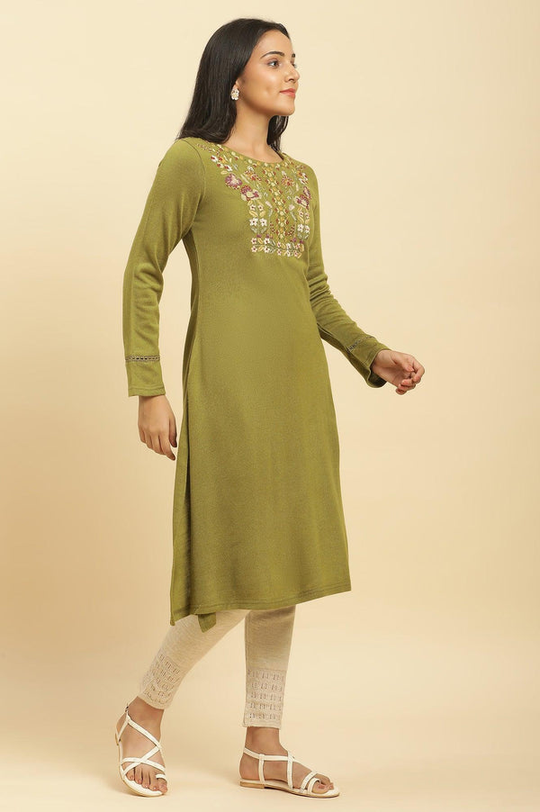 Olive Green Embroidered Acrylic Winter Kurta