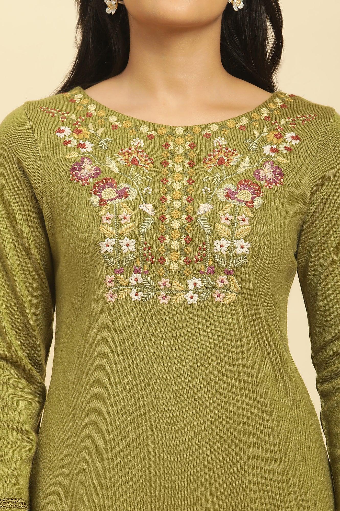 Olive Green Embroidered Acrylic Winter Kurta - wforwoman