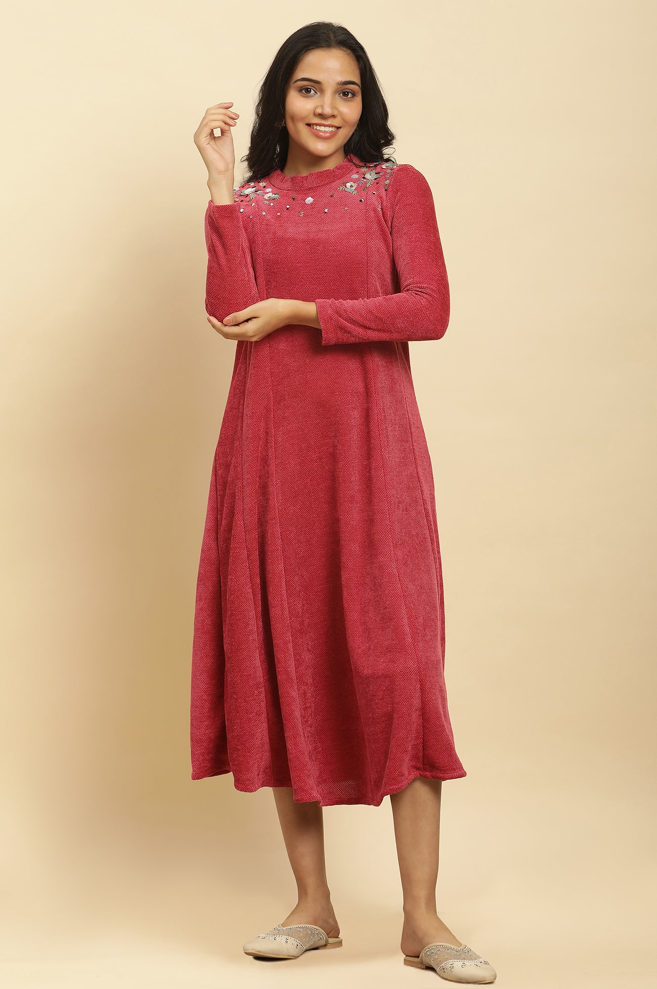Buy Red Embellished Winter Flared Dress Online for Woman | WforWoman Buy Red Embellished Winter Flared Dress Online for Woman | WforWoman
