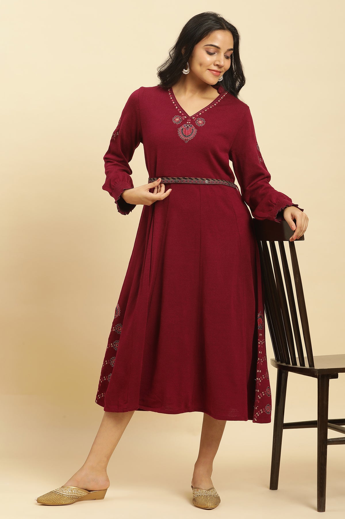 Sangaria Pink Embroidered Winter Dress With Belt - XS