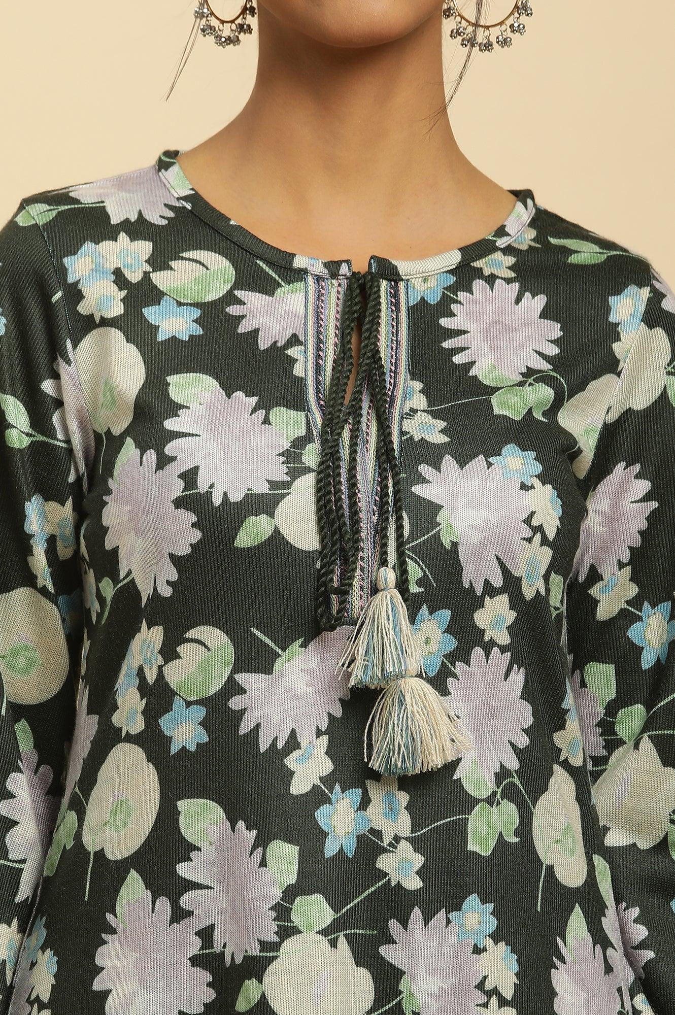 Black Floral Printed Embroidered Winter Kurta - wforwoman