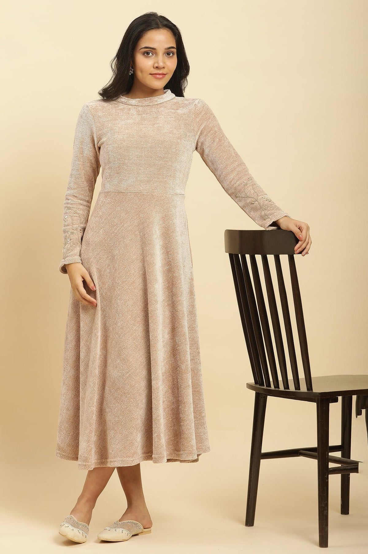 Cream Knitted Circular Flared Winter Dress - XS