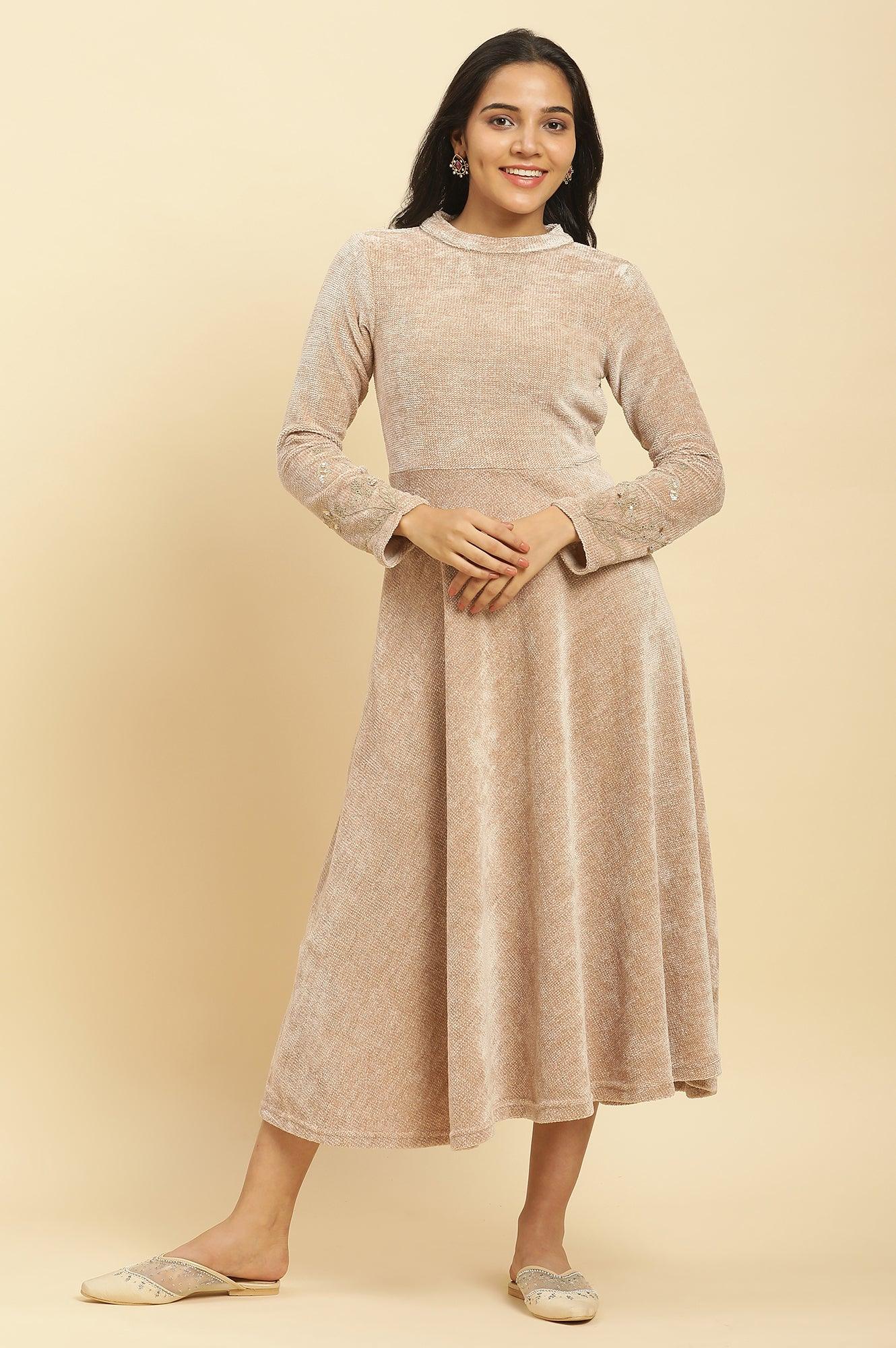 Buy Cream Knitted Circular Flared Winter Dress Online for Woman | WforWoman Buy Cream Knitted Circular Flared Winter Dress Online for Woman | WforWoman