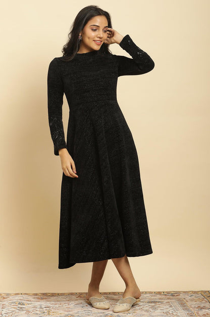 Black Knitted Circular Flared Winter Dress - wforwoman