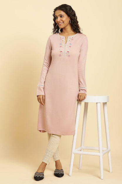 Lotus Pink Embroidered Winter Kurta - wforwoman