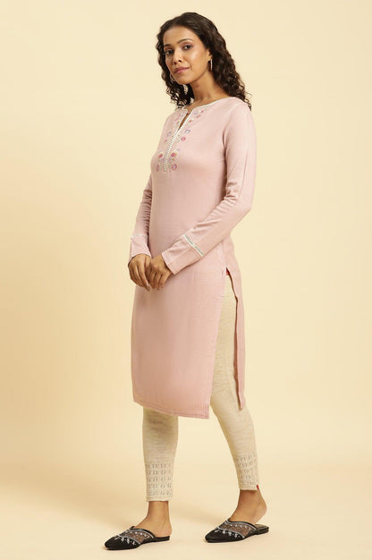 Lotus Pink Embroidered Winter Kurta - wforwoman