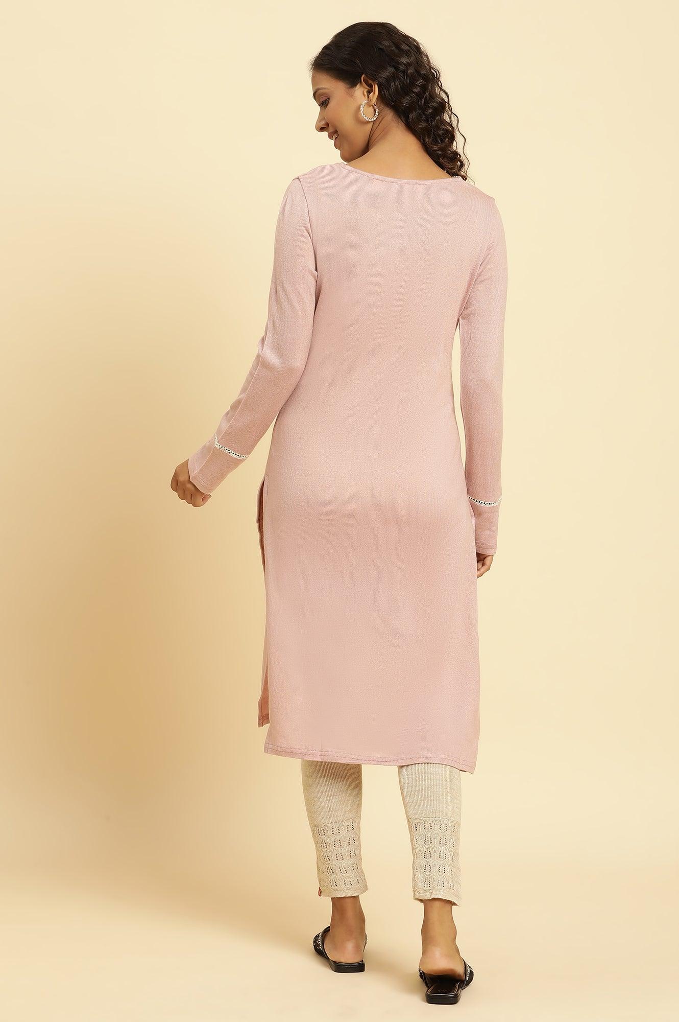 Lotus Pink Embroidered Winter Kurta - wforwoman