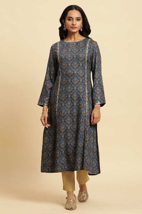 Blue Flared Booti Printed Winter Kurta
