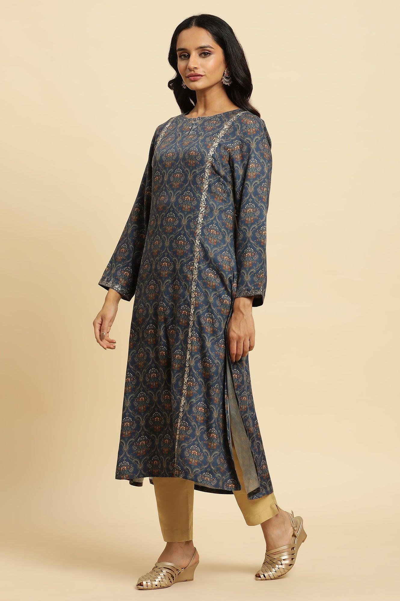 Blue Flared Booti Printed Winter Kurta - wforwoman