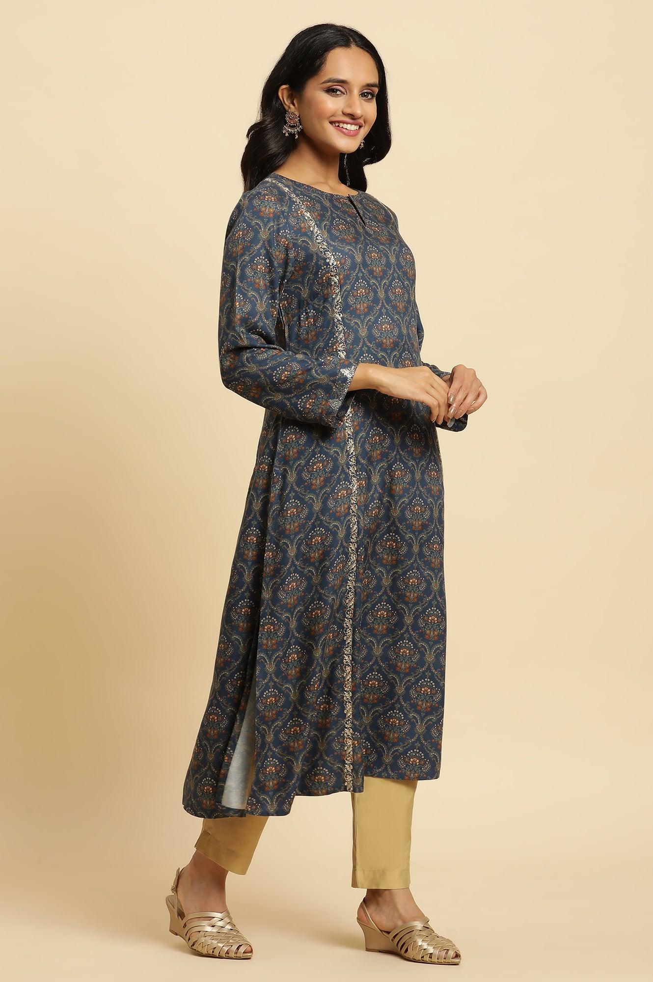 Blue Flared Booti Printed Winter Kurta - wforwoman