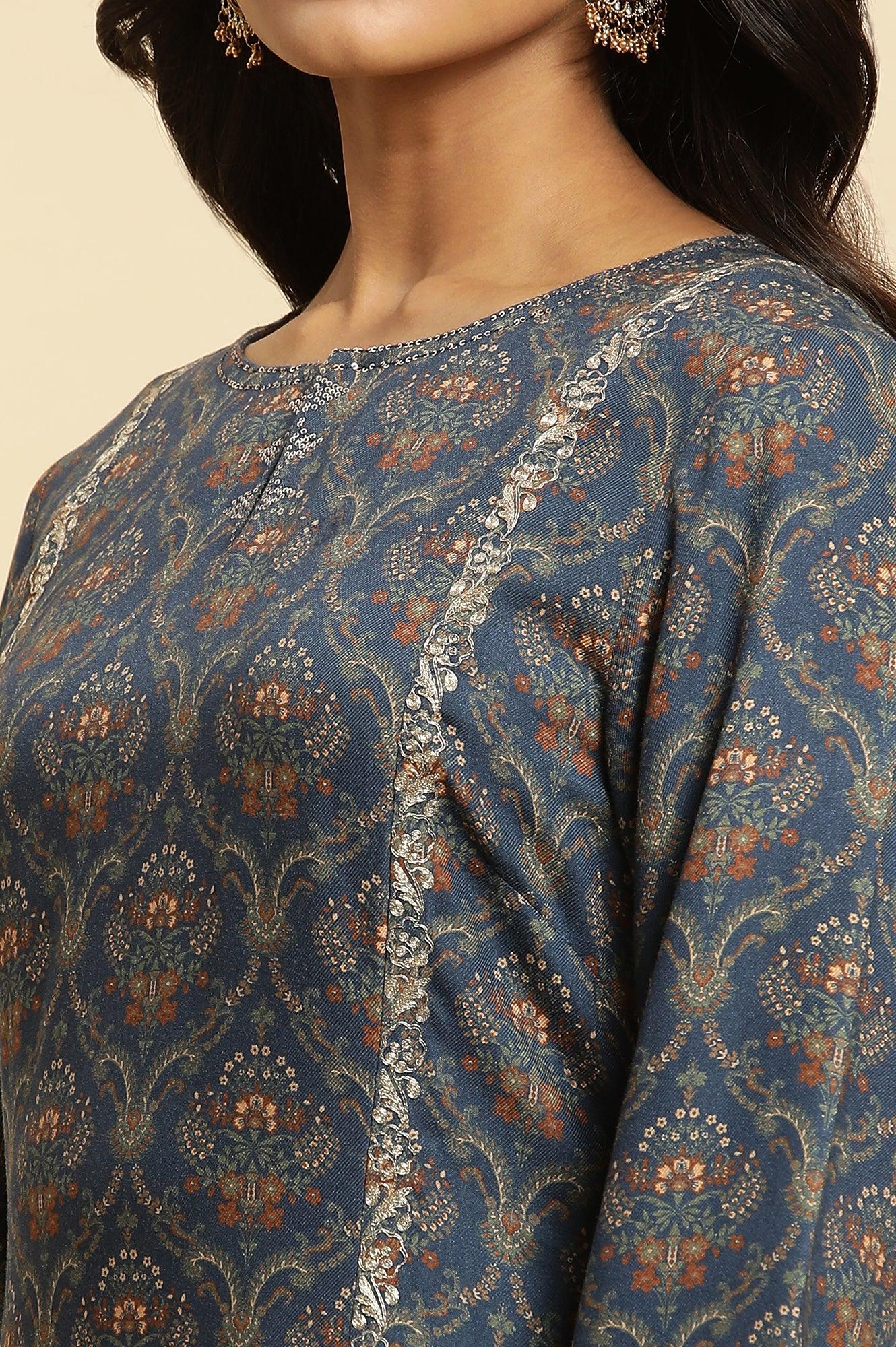Blue Flared Booti Printed Winter Kurta - wforwoman