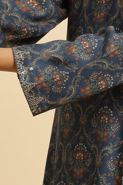 Blue Flared Booti Printed Winter Kurta - wforwoman