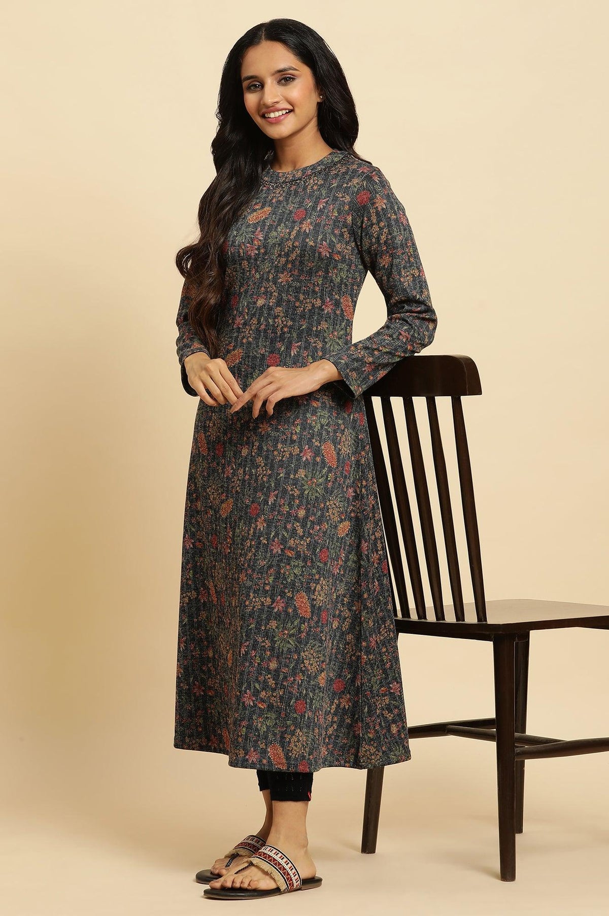 Blue A-Line Printed Winter Kurta - XS