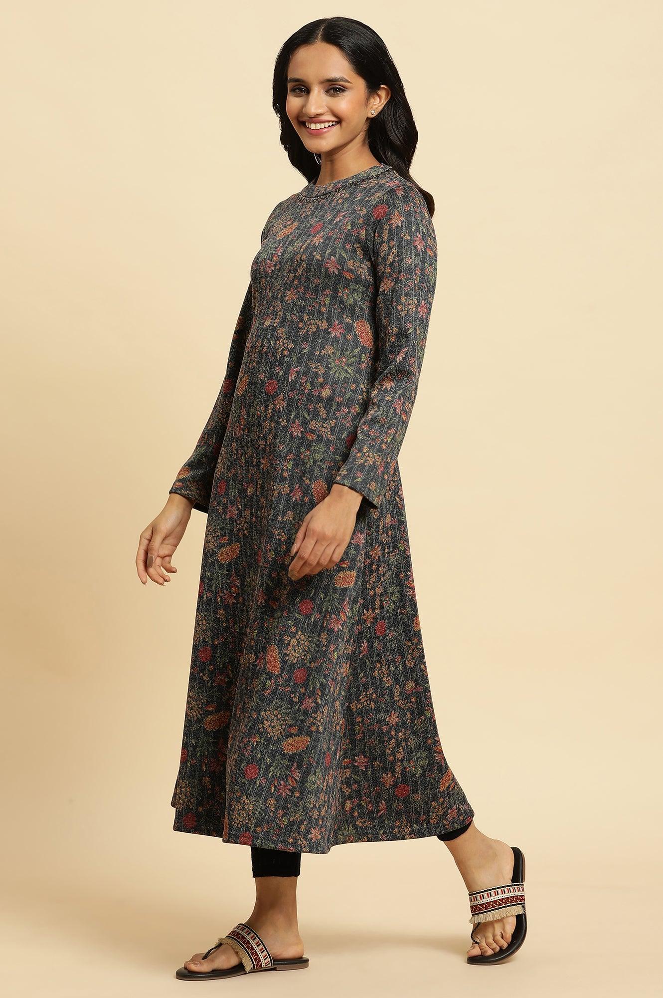 Blue A-Line Printed Winter Kurta - wforwoman